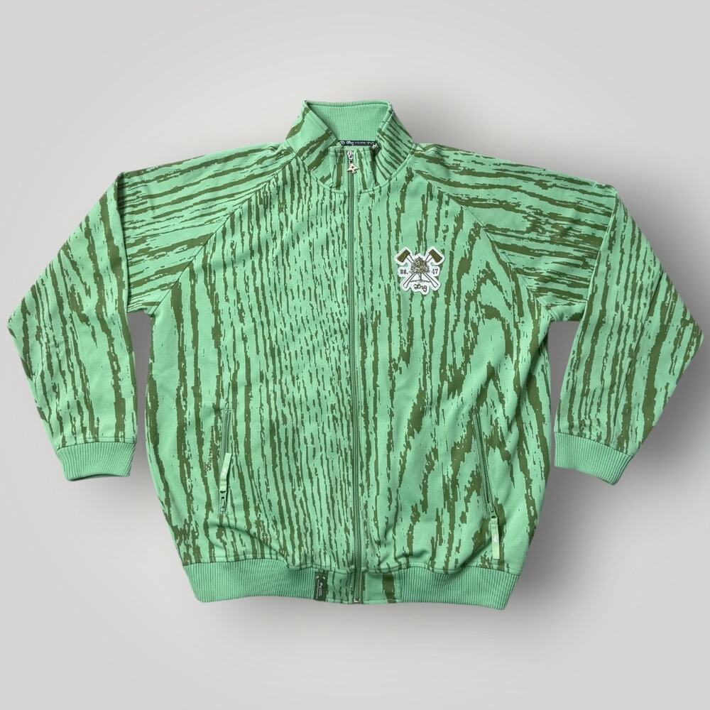 Rare Vintage LRG Roots & Equipment Tree Bark Print Track Jacket XXL Green
